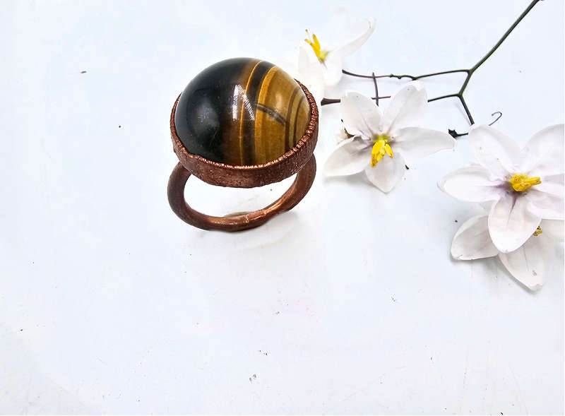 Tigers Eye Sphere Copper Ring (L)