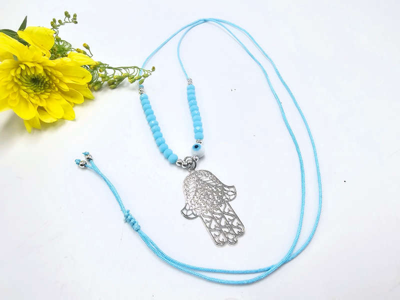 Hamsa Hand Necklace Blue Evil Eye (Silver)