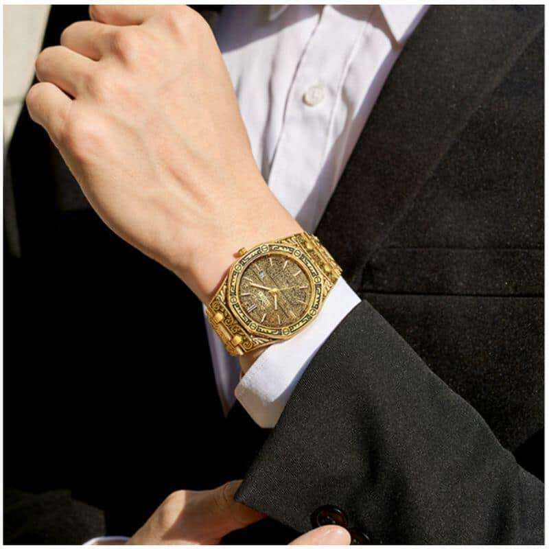 Mens Watch Antique Carved Gold, Gold Inlay, Quartz, Waterproof,