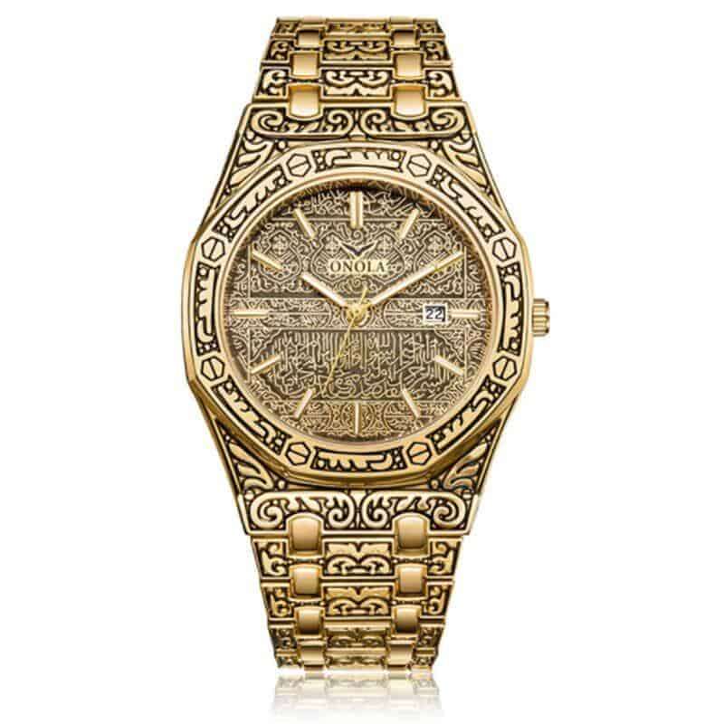 Mens Watch Antique Carved Gold, Gold Inlay, Quartz, Waterproof,