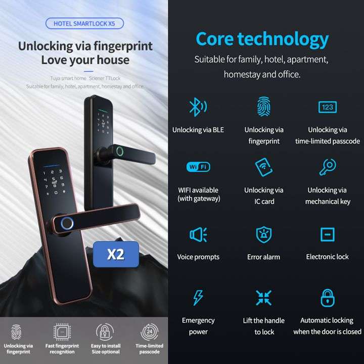 Smart Door Lock, X2 Fingerprint, Card, Key, Code | WiFi Tuya Smart Life
