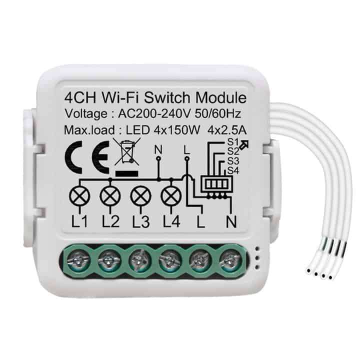 Smart Mini Switch Module 4 Gang 2 Way (Upgrade Existing + Override) | WiFi Tuya Smart Life