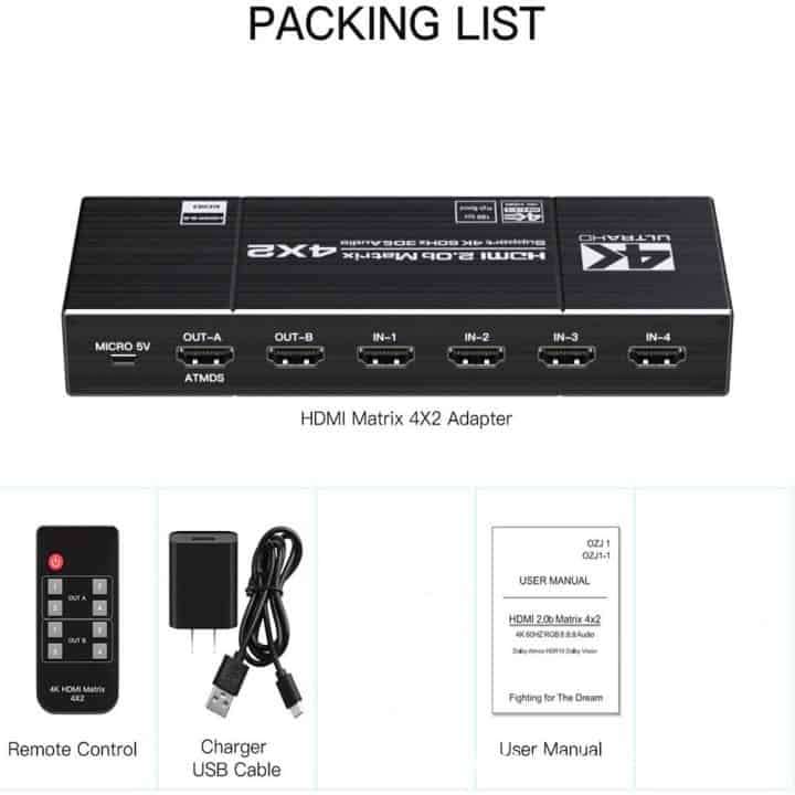 4x2 HDMI Matrix True Switch 4K (4-IN to any 2-OUT) remote, Digital Audio SPDIF