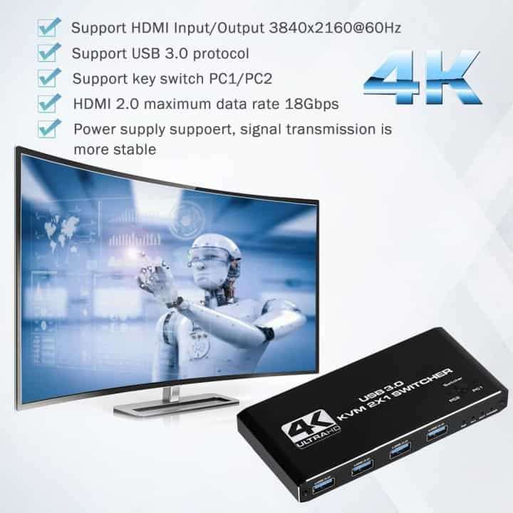 KVM Switch HDMI USB | Control 2 Computers with 1 Keyboard, Monitor & Mouse
