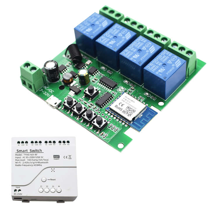 Smart 4Ch Relay Switch 10A + Shell | RF433Mhz + BT | DC or AC In |  WiFi Tuya Smart Life