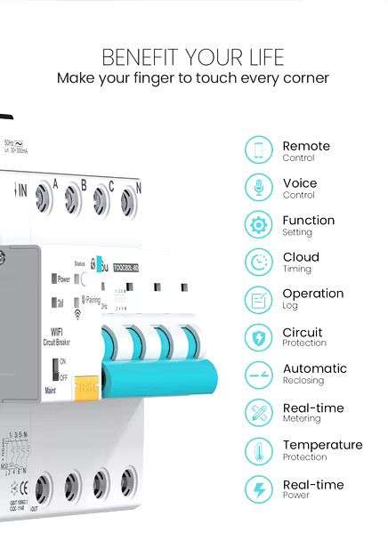 Smart Switch Circuit Breaker | 2 Pole MCB, 1-63A Adjustable 230VAC | WiFi Tuya
