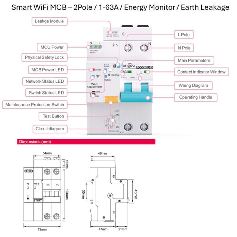 Smart Switch Circuit Breaker | 2 Pole MCB, 1-63A 230VAC | Energy Meter | Earth Leakage | WiFi Tuya