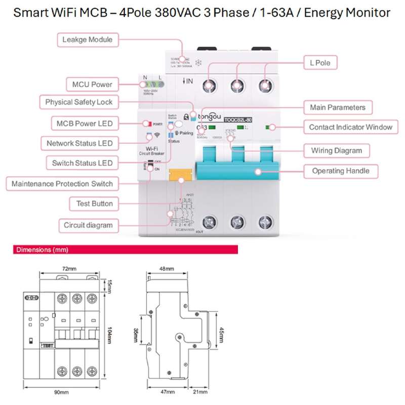 Smart Switch Circuit Breaker | 4 Pole MCB, 1-63A Adjustable 380VAC | WiFi Tuya