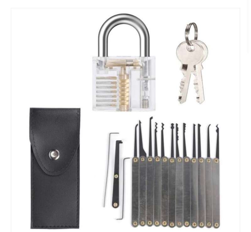 12 Piece Lock Pick Set (Metal handles) - Including Transparent Padlock