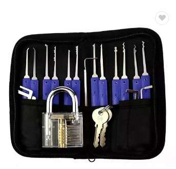 12 Piece Lock Pick Set with Tranparent Padlock (Blue Handles)
