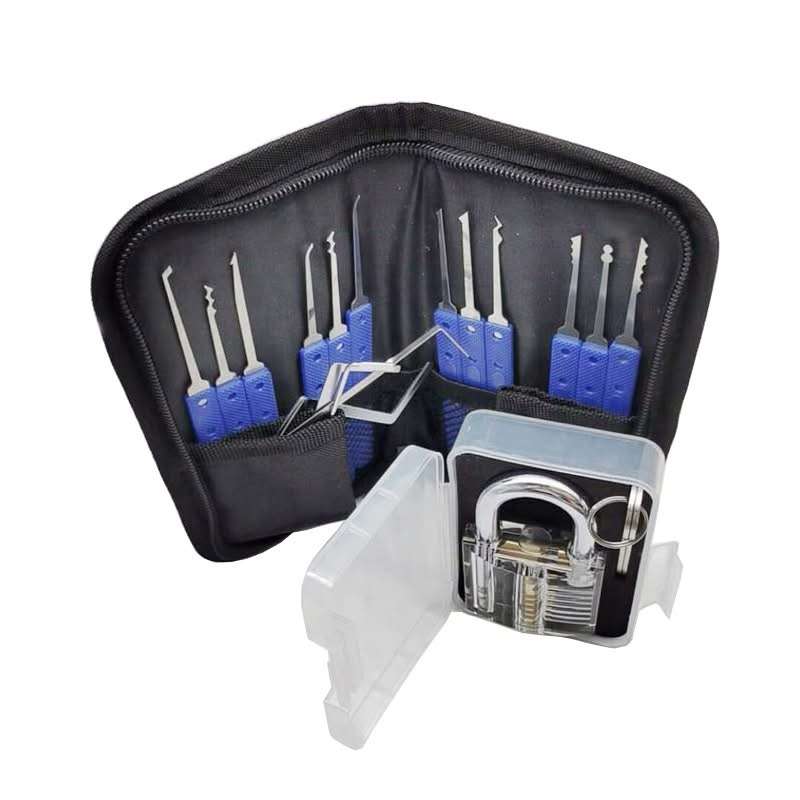 12 Piece Lock Pick Set with Tranparent Padlock (Blue Handles)