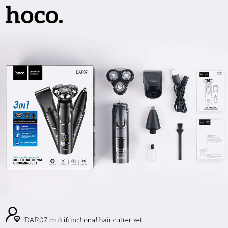 Hoco DAR07 Premium 3-in-1 Grooming Set For Men | Shaver, Clipper, Nose Trimmer | IP67 Waterproof