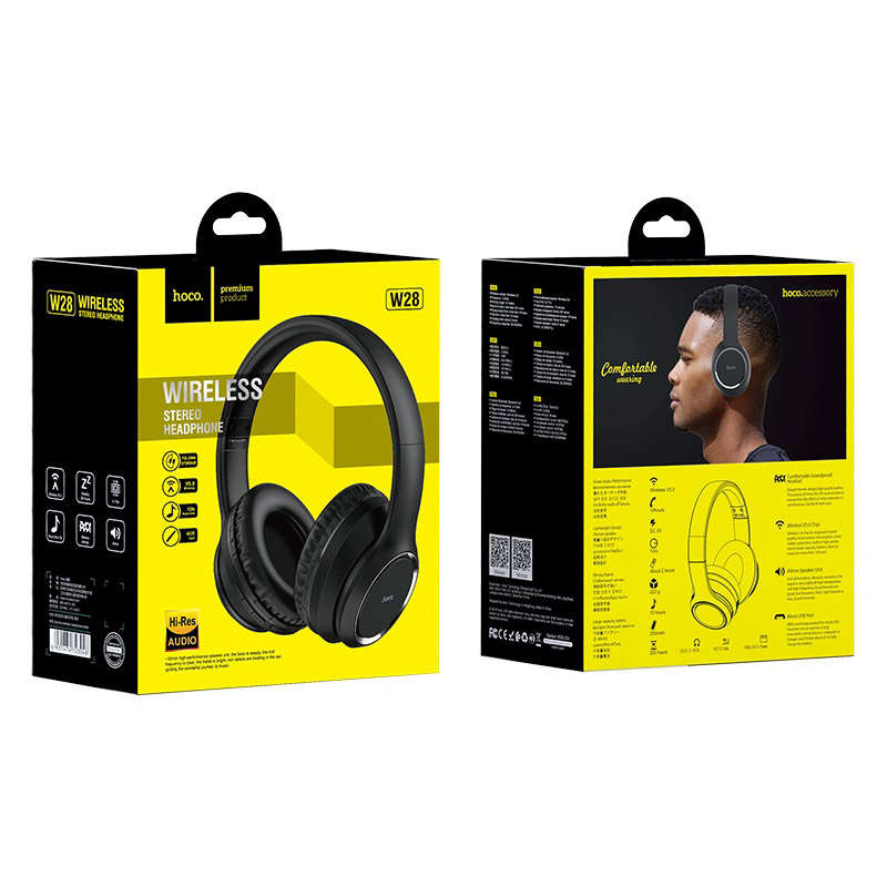 hoco w28 journey wireless headphones package front back black