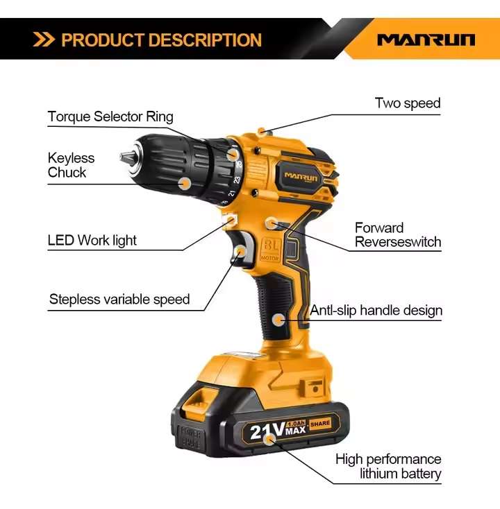 21V Cordless Brushless Drill  - Manrun 0.75kg
