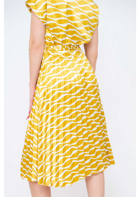 Ladies Gold Wavy Satin Summer Pleated Tie-Up Dress