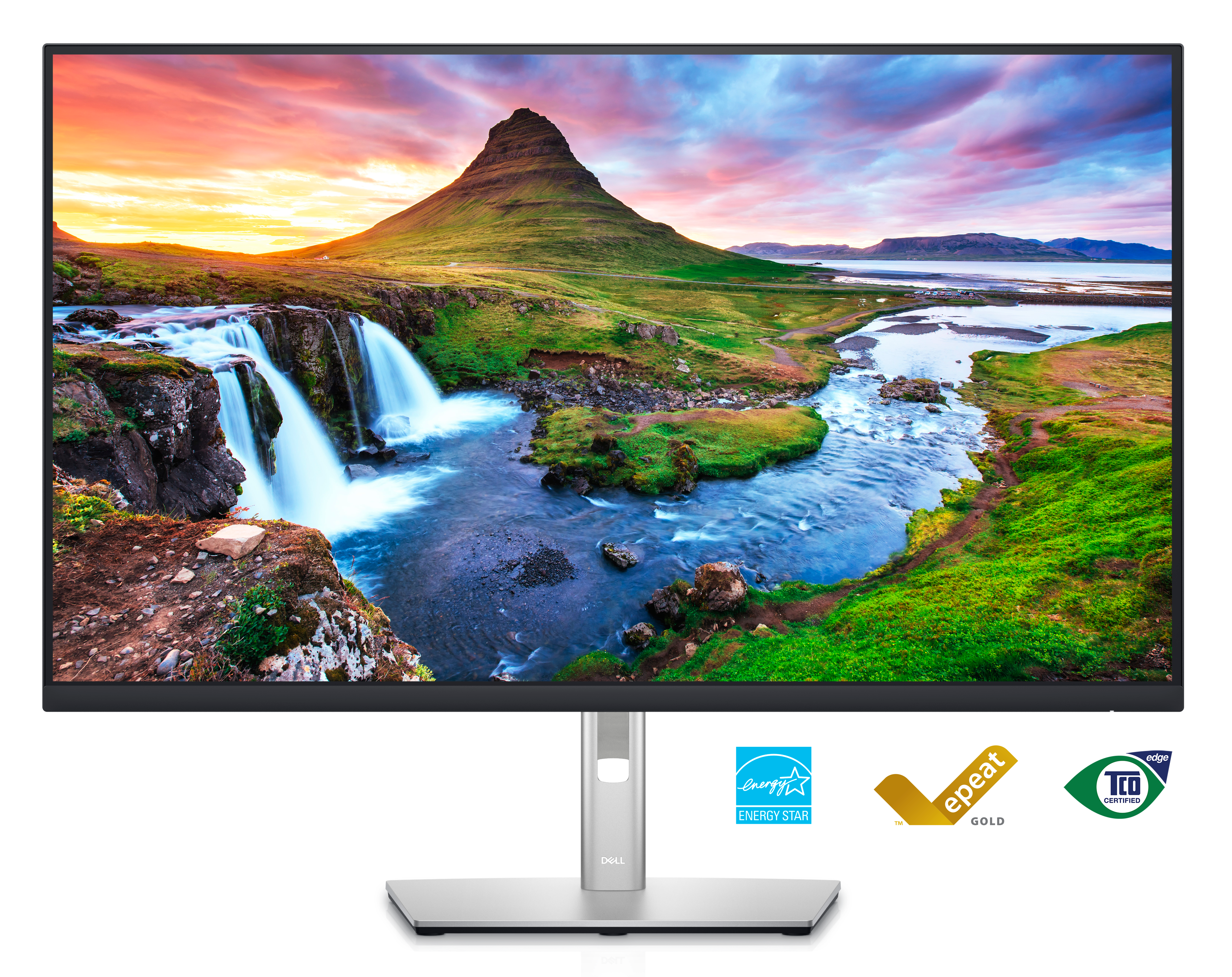 Picture of a Dell P3223QE Monitor with a nature landscape background on the screen. 
