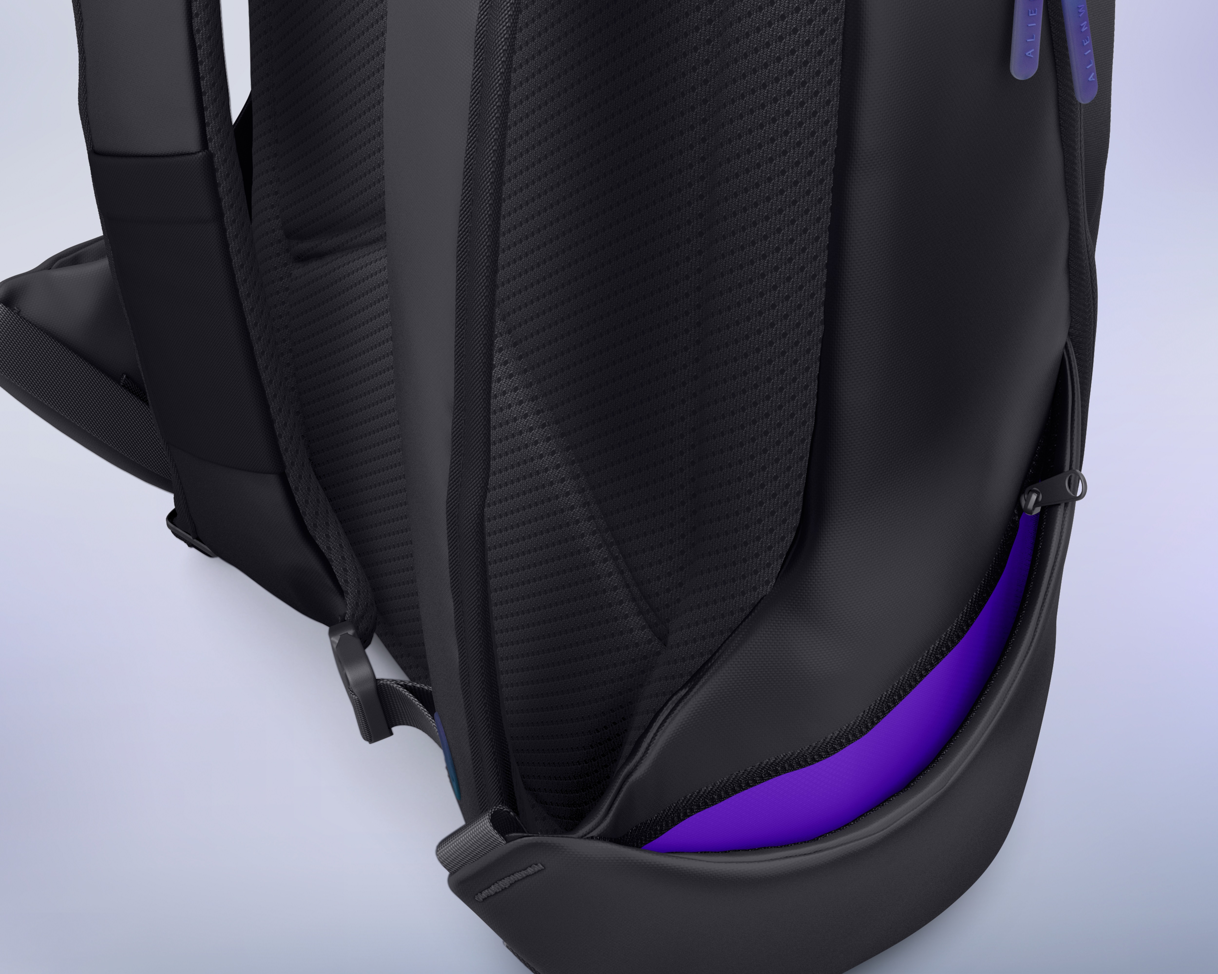 Close-up of the side of the backpack highlighting the hidden side pocket.