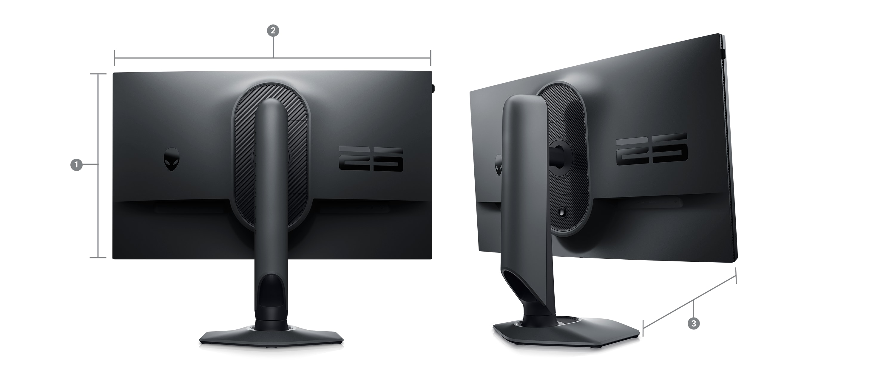 Picture of two Dell AW2523HF Gaming Monitors with numbers from 1 to 3 signaling product dimensions & weight.