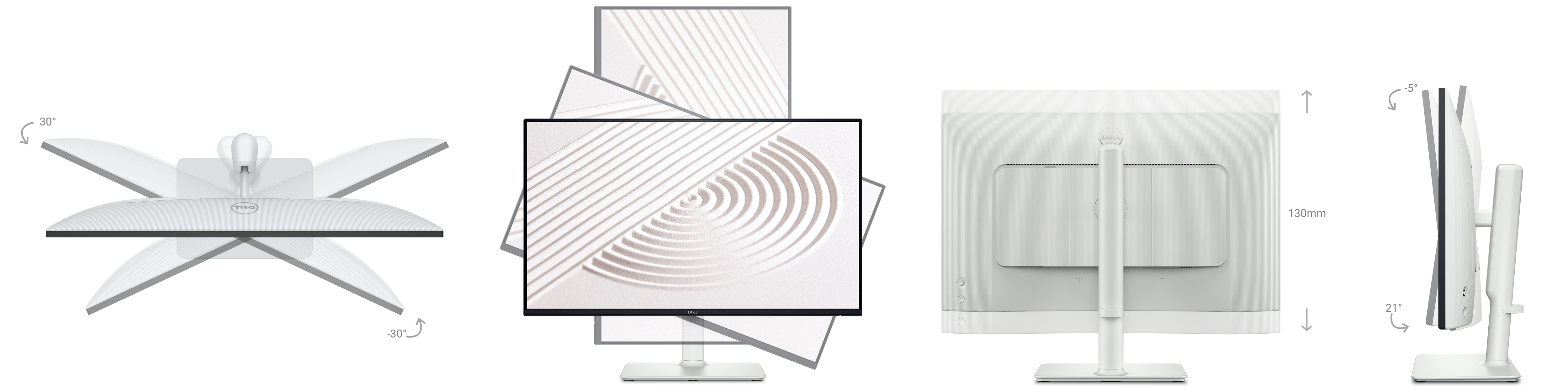 Collection of images of Monitor showing the 30 degree swivel, pivot, 21 degree tilt and 130mm adjusted height capability.