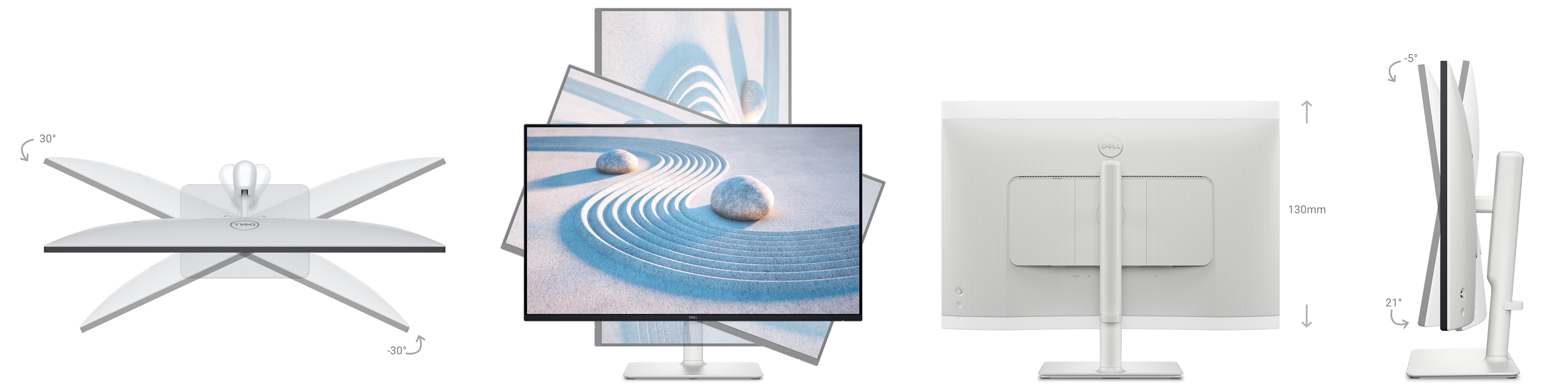 Collection of images of Monitor showing the 30 degree tilt, swivel, 21 degree pivot and 130mm adjusted height capability.