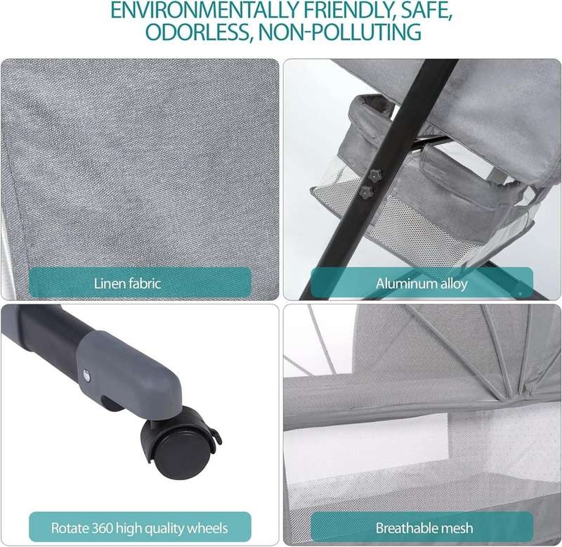 YC-616 Bedside Bassinet & Crib Curvature Cradle, Mosquito nets, Grey