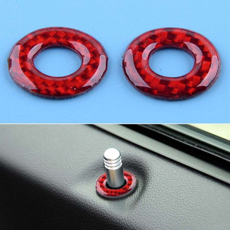 2pc Carbon Fiber Red Door Lock Pin Cover Ring Fit for Dodge Challenger 2008-2014