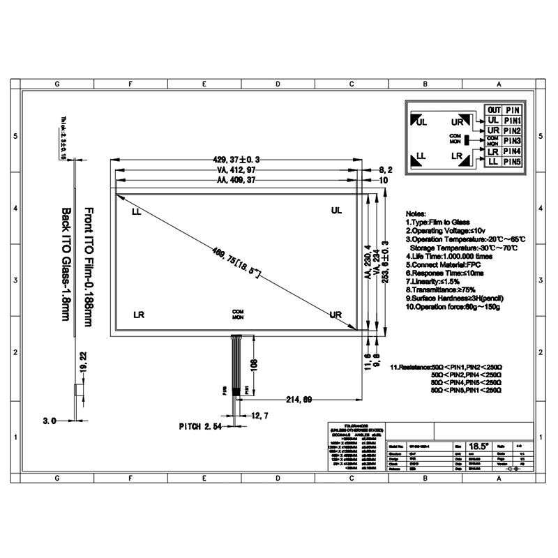 18.5" Resistive Glass Touch Panel+USB Control Kit 429x253mm 5-wire GT-5W-18.5A-1
