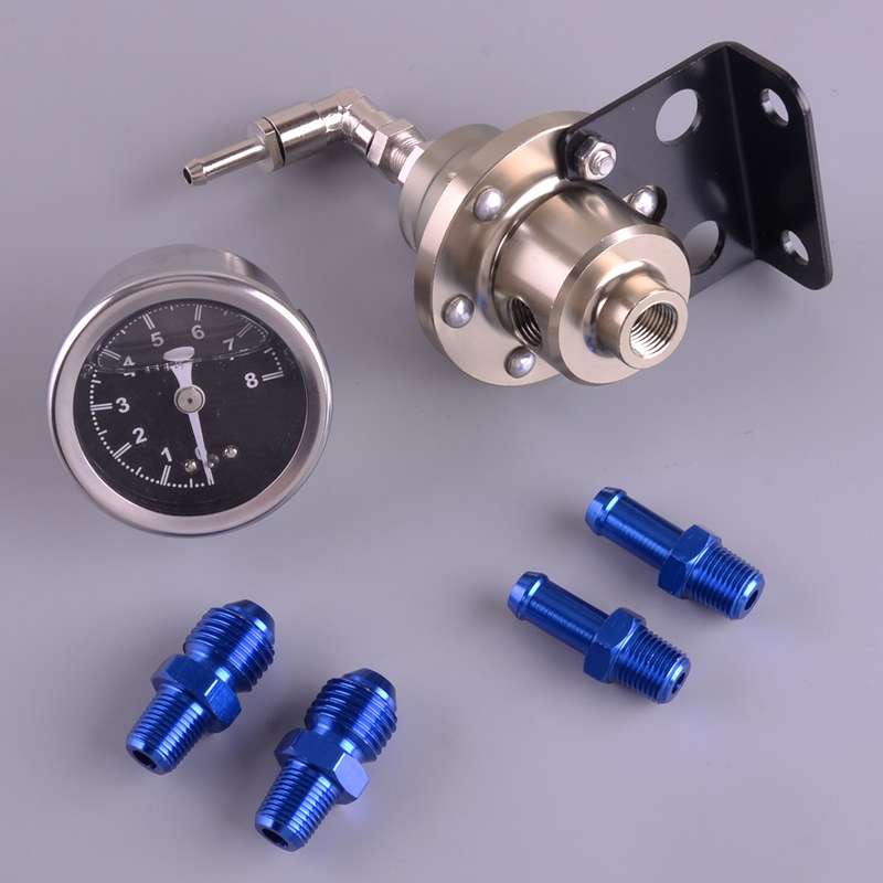 Universal Alloy Adjustable Fuel Pressure Regulator & Gauge & Fitting End Kit Acc