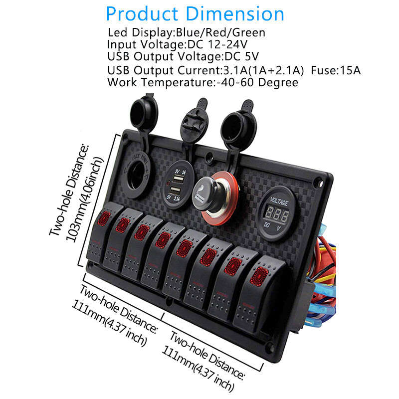 Red RV Car Marine Boat 8 Gang Waterproof Circuit Breaker LED Rocker Switch Panel