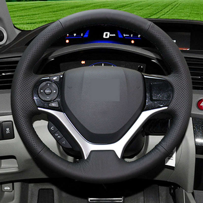 Black Genuine Leather Car Steering Wheel Cover Fit For Honda Civic 2011-2015