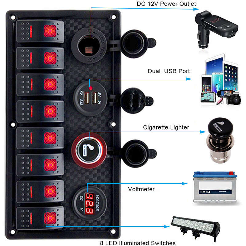 Red RV Car Marine Boat 8 Gang Waterproof Circuit Breaker LED Rocker Switch Panel