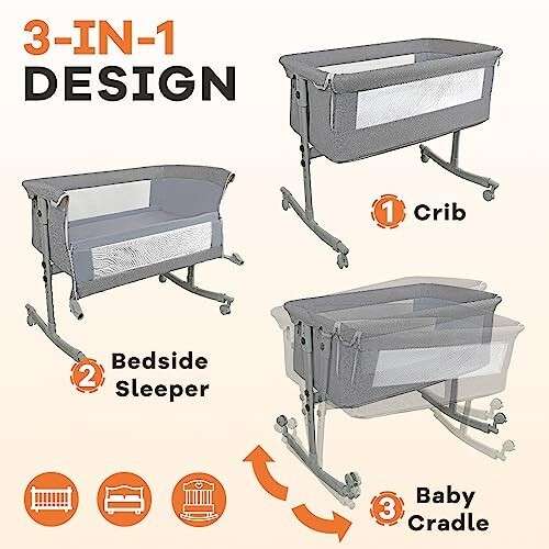 YC-616 Bedside Bassinet & Crib Curvature Cradle, Mosquito nets, Grey