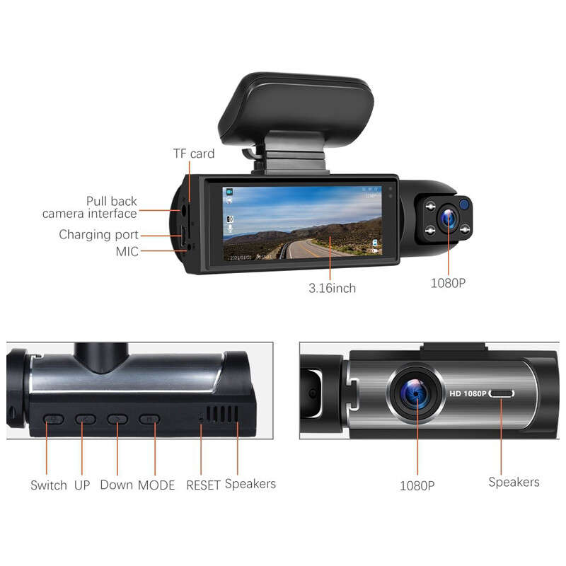 Dash Cam 3.16in Night Vision Dual Lens Car DVR Recorder Front Inside Camera Get