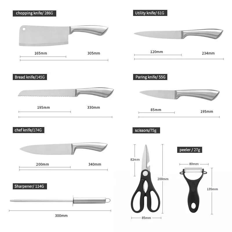 Professional Chef Kitchen Silver Knife Set 9 Pcs Stainless Steel Sharp Knives