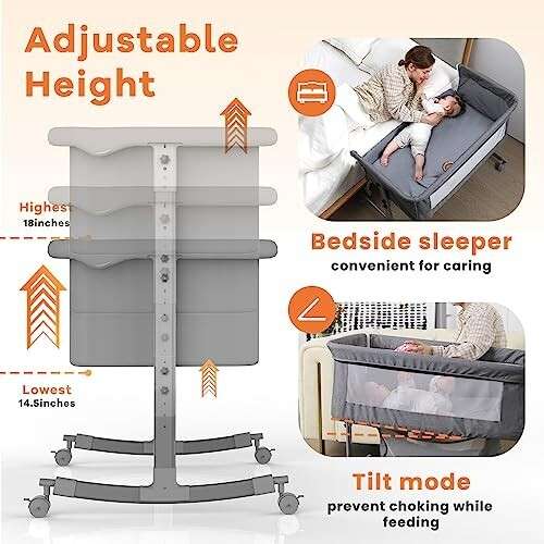 YC-616 Bedside Bassinet & Crib Curvature Cradle, Mosquito nets, Grey