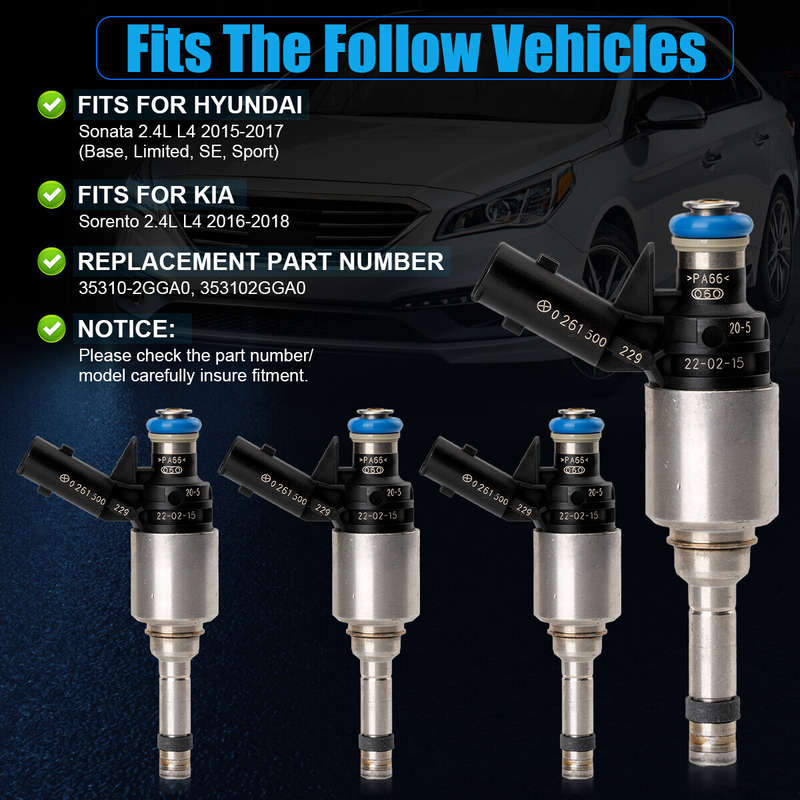 4pcs New Fuel Injector For 2015-2017 Hyundai Sonata 2016-2018 Kia Sorento 2.4L