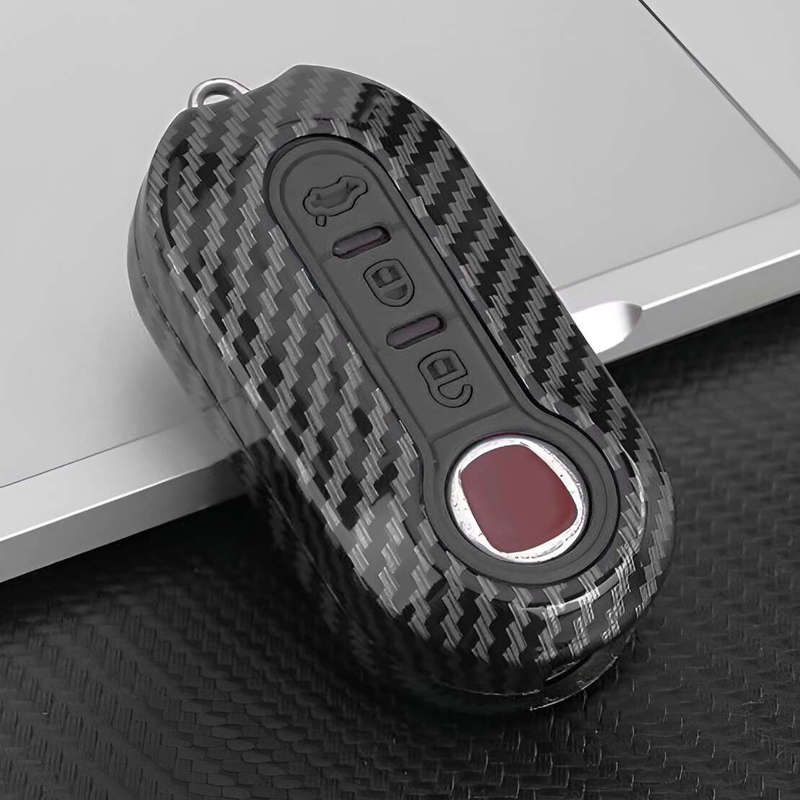 Carbon Fiber Style 3 Button Remote Key Cover Case Fit For Fiat 500 Black
