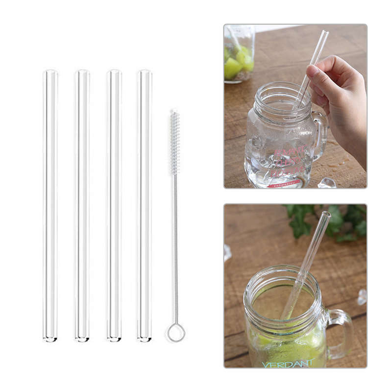 4x Reusable Clear Glass Water Drinking Straws with Brush Wedding Birthday Party