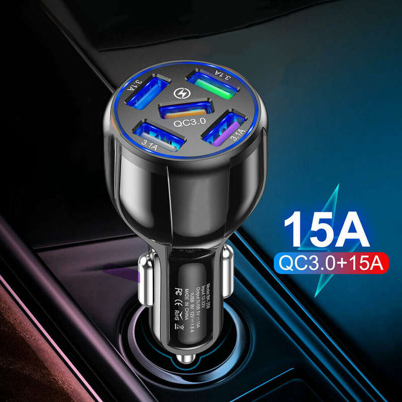 1x Universal 5 Port USB Phone Car Charger Adapter QC 3.0 Fast Charging Black