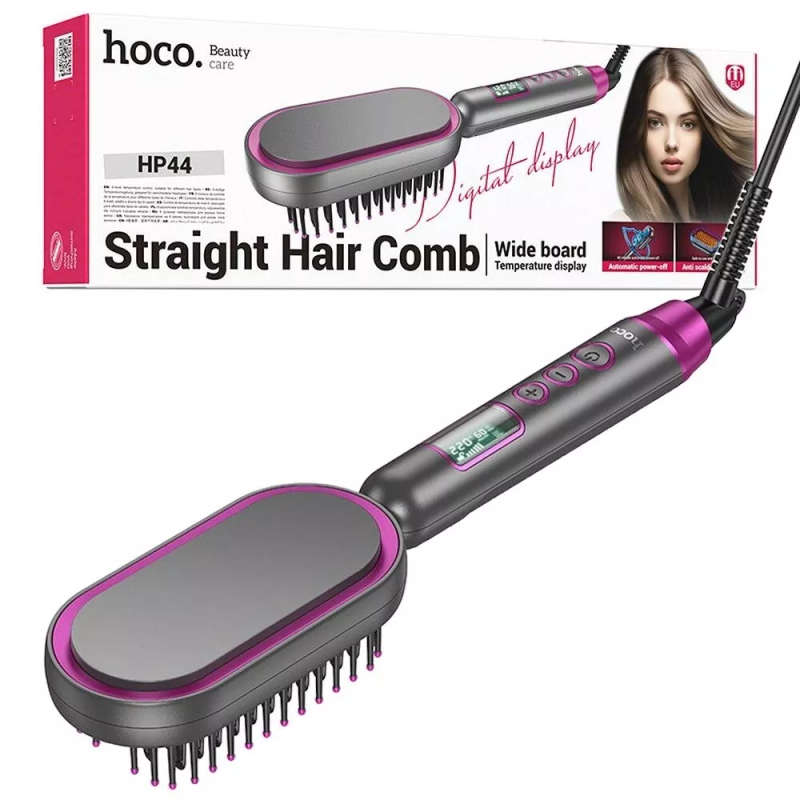 2-in-1 HOCO HP44 Hair Straightener Brush For Women | PTC Fast Heating | LCD Display | Auto Shut-Off