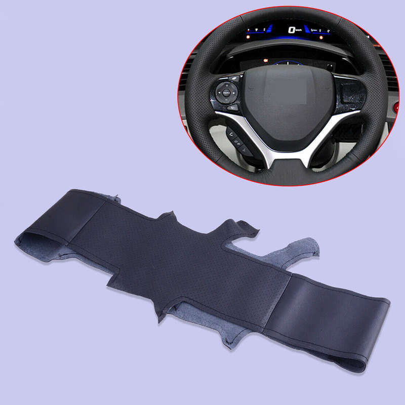 Black Genuine Leather Car Steering Wheel Cover Fit For Honda Civic 2011-2015