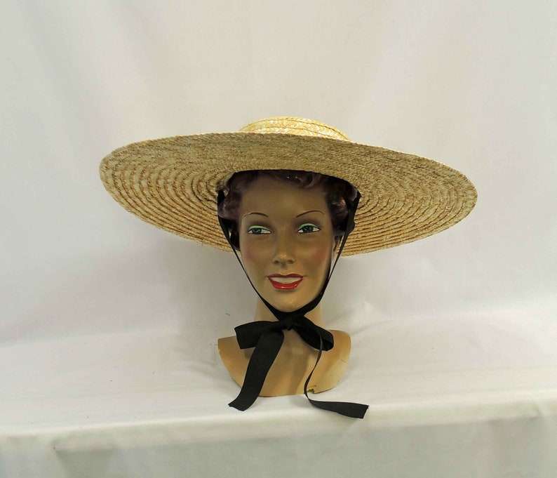 Large Brim Natural Straw Cartwheel / Platter Summer Sun Hat 1940s Vintage style
