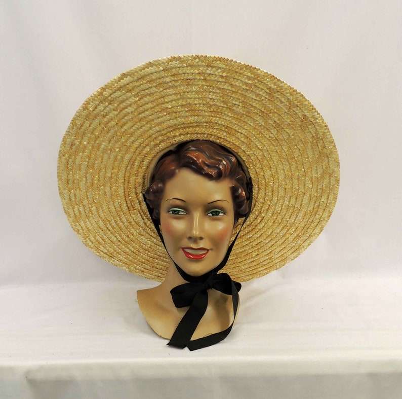 Large Brim Natural Straw Cartwheel / Platter Summer Sun Hat 1940s Vintage style