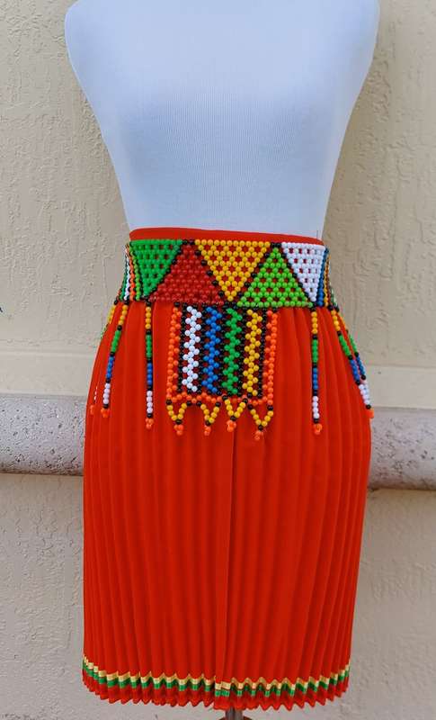Women`s Orange Traditional Zulu Skirt and Beaded Belt Pleated Zulu women skirt