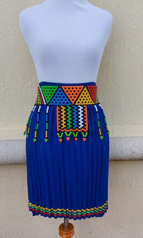 Women`s Blue Traditional Zulu Skirt and Beaded Belt. Pleated Zulu women skirt