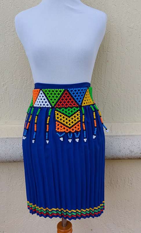 Women`s Blue Traditional Zulu Skirt and Beaded Belt. Pleated Zulu women skirt