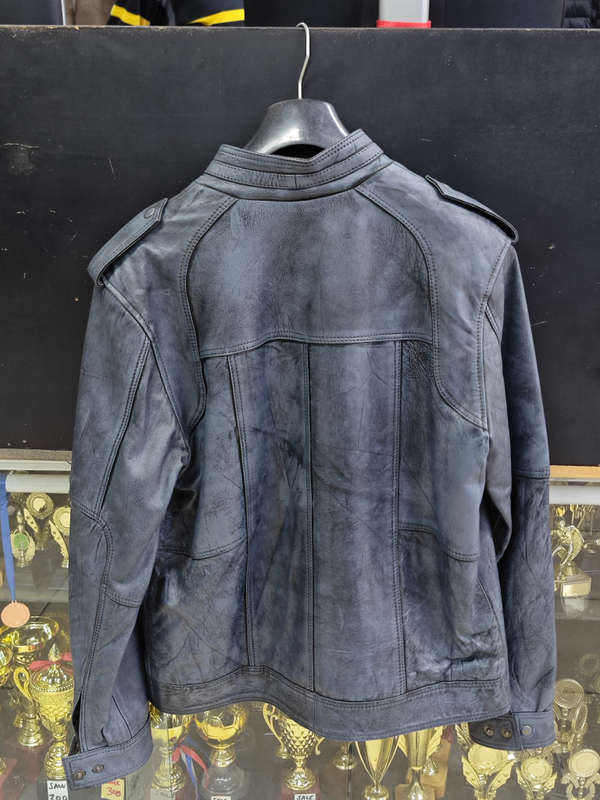 MENS GENUINE LEATHER JACKET NAVY GREY