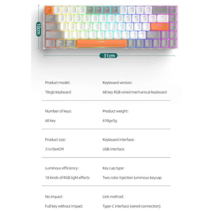 T8 RGB Wired Mechanical Gaming Keyboard Red Switch - Honey Bee