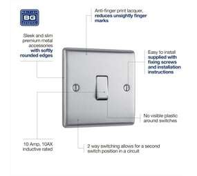 BG Electrical NBS12-01 Single Light Switch, Brushed Steel, 2-Way, 16AX