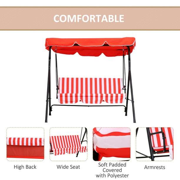 Outsunny 3-Seat Patio Swing Chair with Adjustable Canopy Red and white